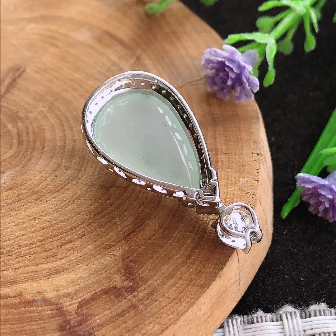 天然A货翡翠29.6/14.3/9.7老坑18k金镶嵌冰胶起光水滴吊坠翡翠挂件