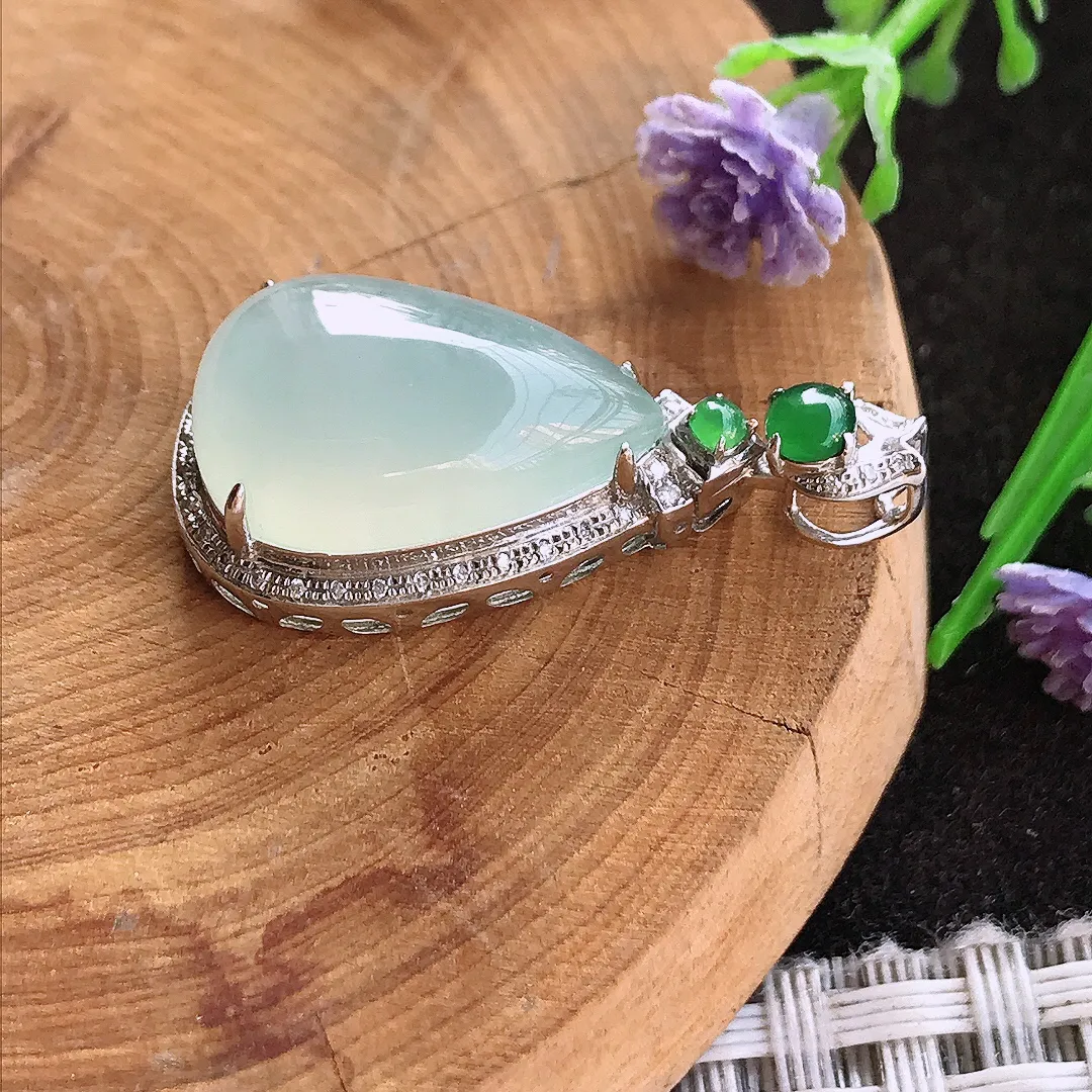 天然A货翡翠29.6/14.3/9.7老坑18k金镶嵌冰胶起光水滴吊坠翡翠挂件