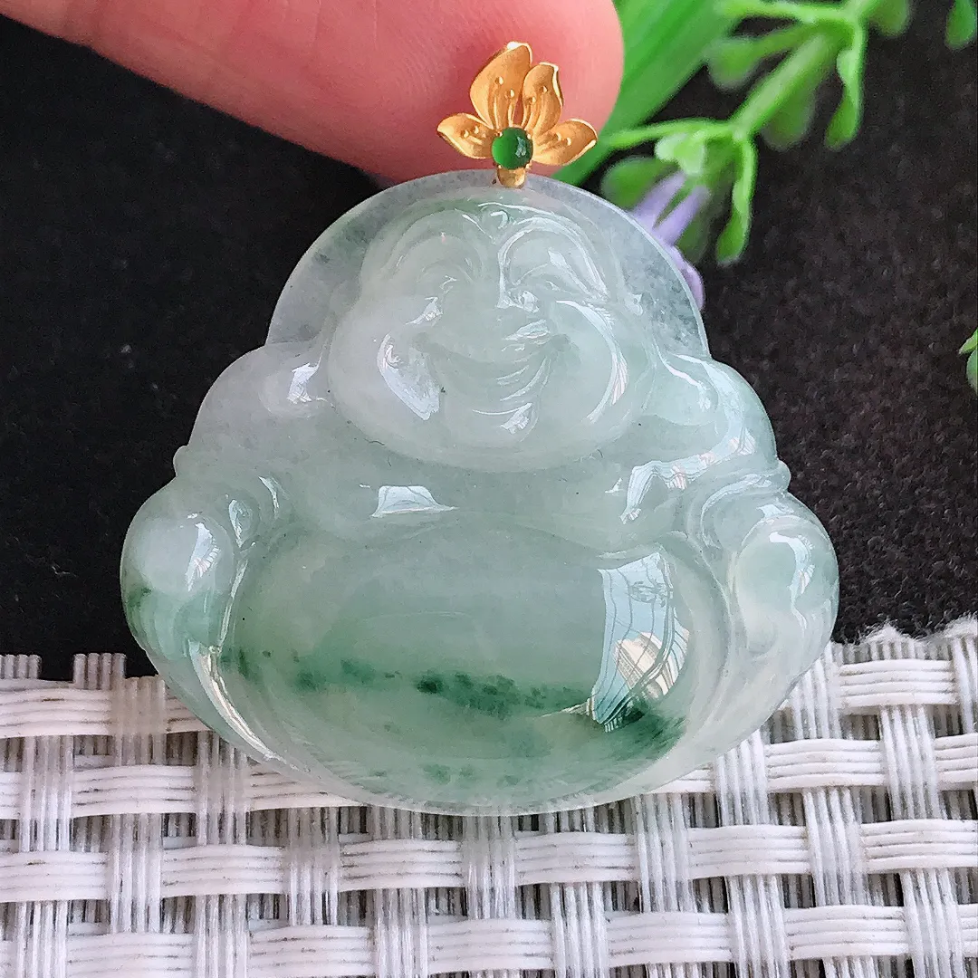 天然A货翡翠30.5/34/6.2老坑18k金镶嵌冰润飘花佛公吊坠翡翠挂件