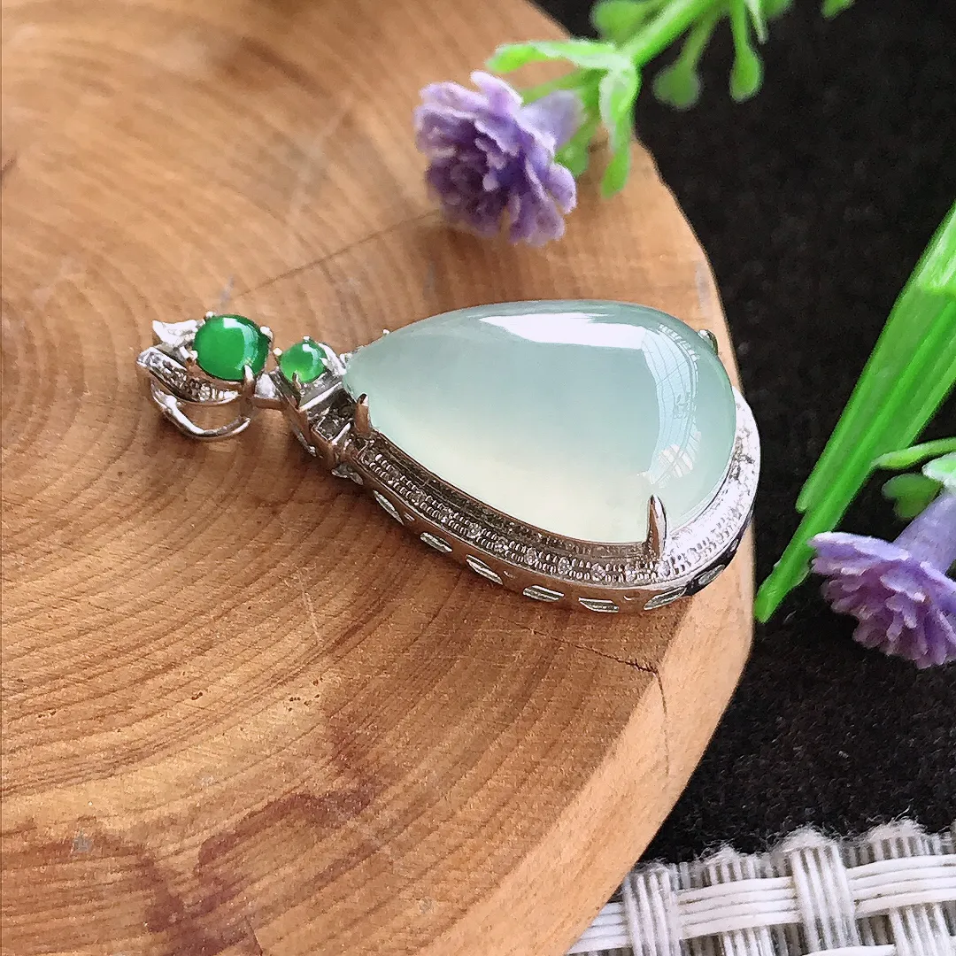 天然A货翡翠29.6/14.3/9.7老坑18k金镶嵌冰胶起光水滴吊坠翡翠挂件