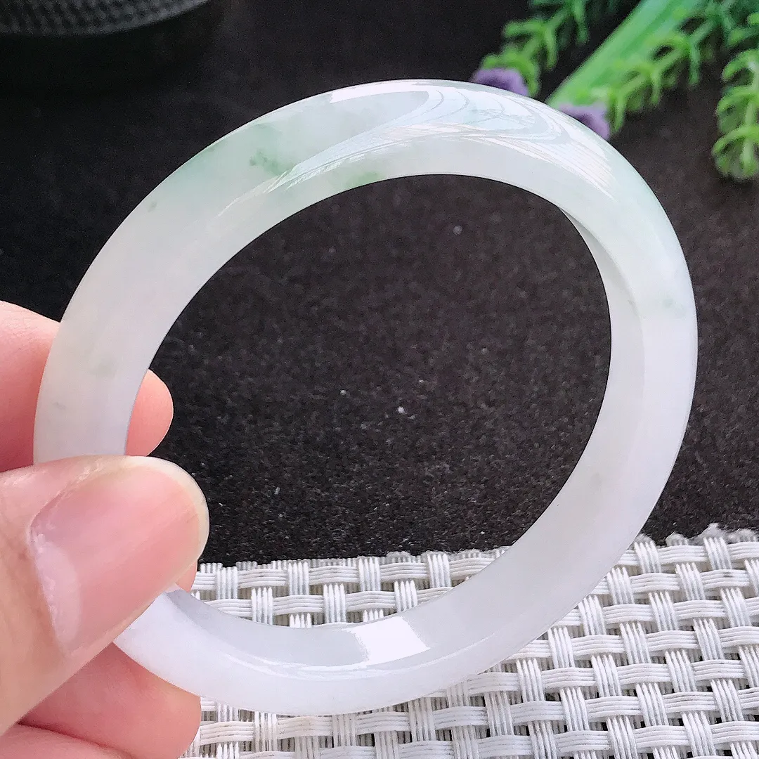 天然A货翡翠53.5/9.7/7.8老坑冰胶果冻冰飘花手镯宽边玉镯