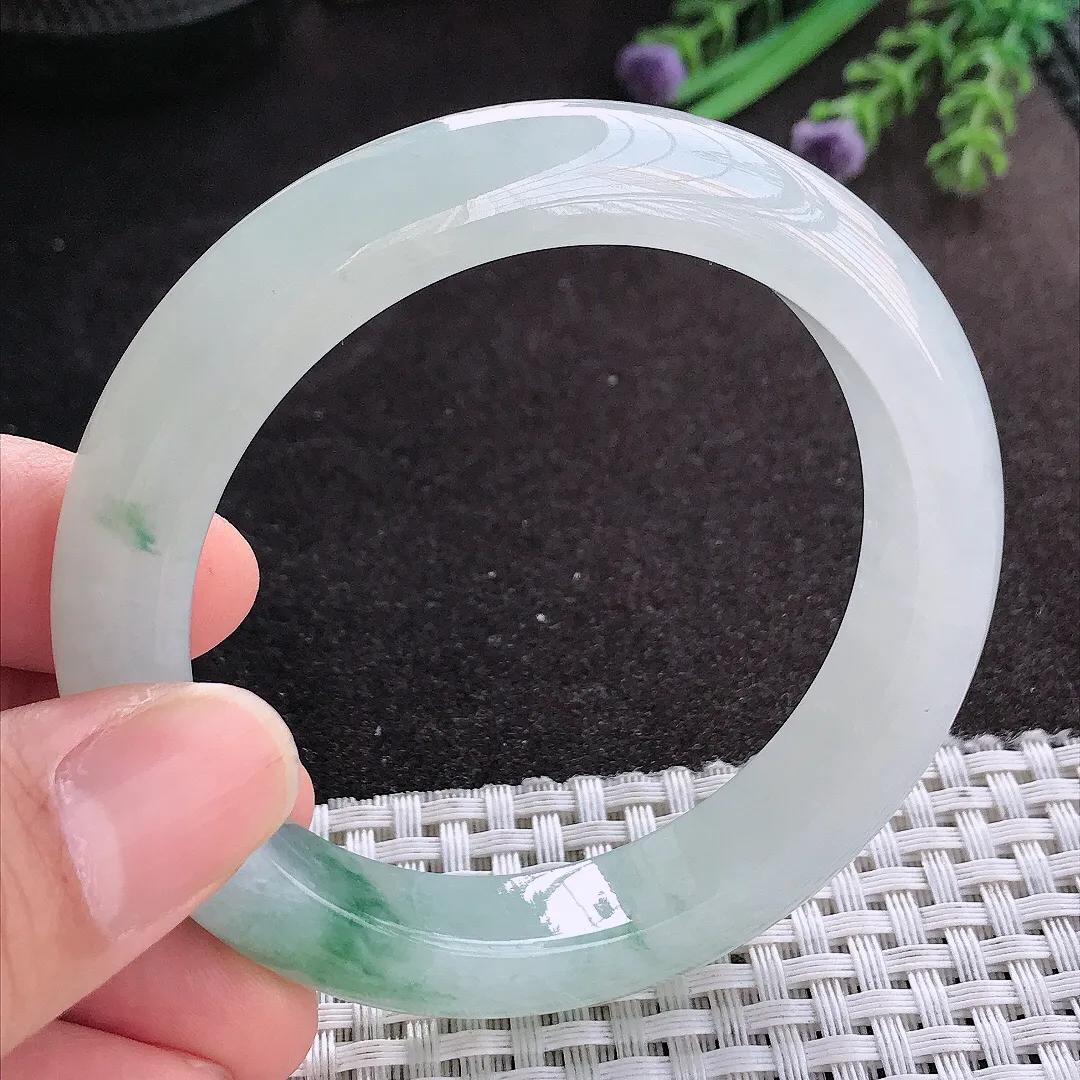 天然A货翡翠55/11.9/9老坑冰胶果冻冰飘花手镯宽边玉镯