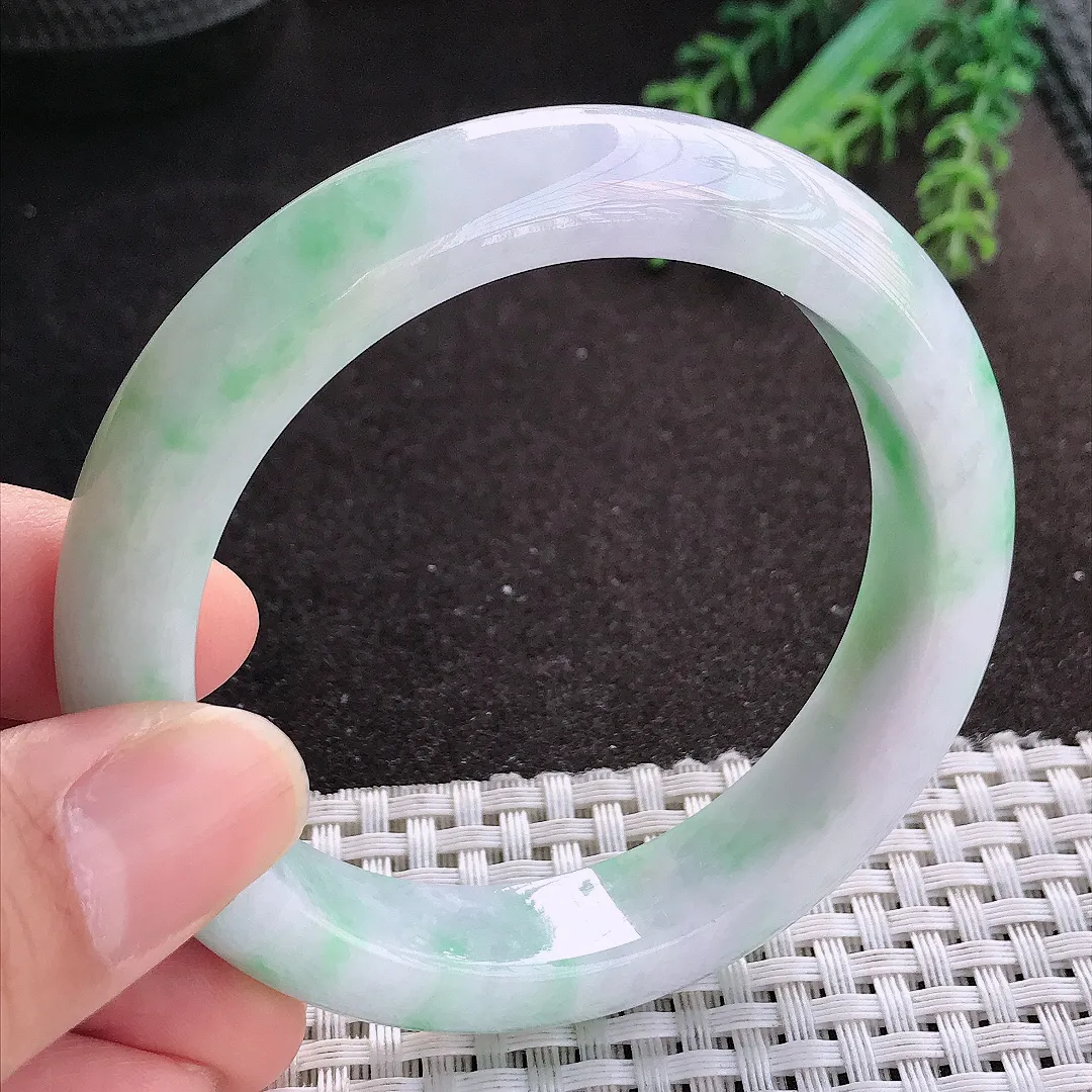 天然A货翡翠55.5/12.6/9老坑秀气温润飘花手镯宽边玉镯