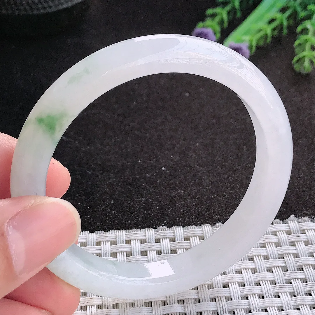 天然A货翡翠53.5/9.7/7.8老坑冰胶果冻冰飘花手镯宽边玉镯