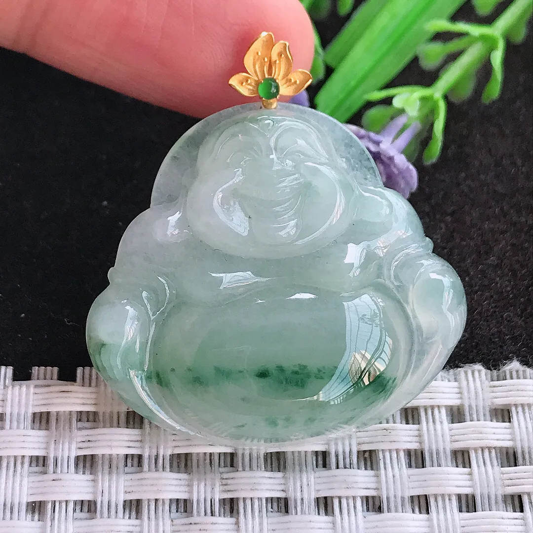 天然A货翡翠30.5/34/6.2老坑18k金镶嵌冰润飘花佛公吊坠翡翠挂件