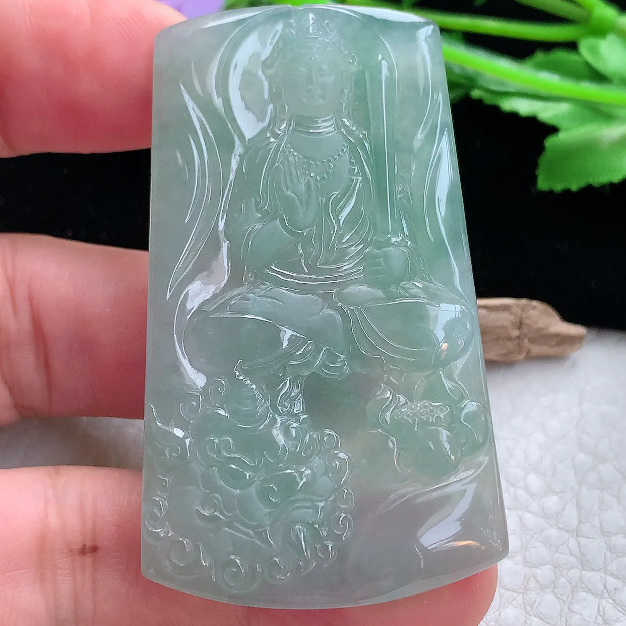 ktj实拍62.5*36.5*5.5天然翡翠a货精雕冰晴文殊菩萨 生肖守护神玉吊坠