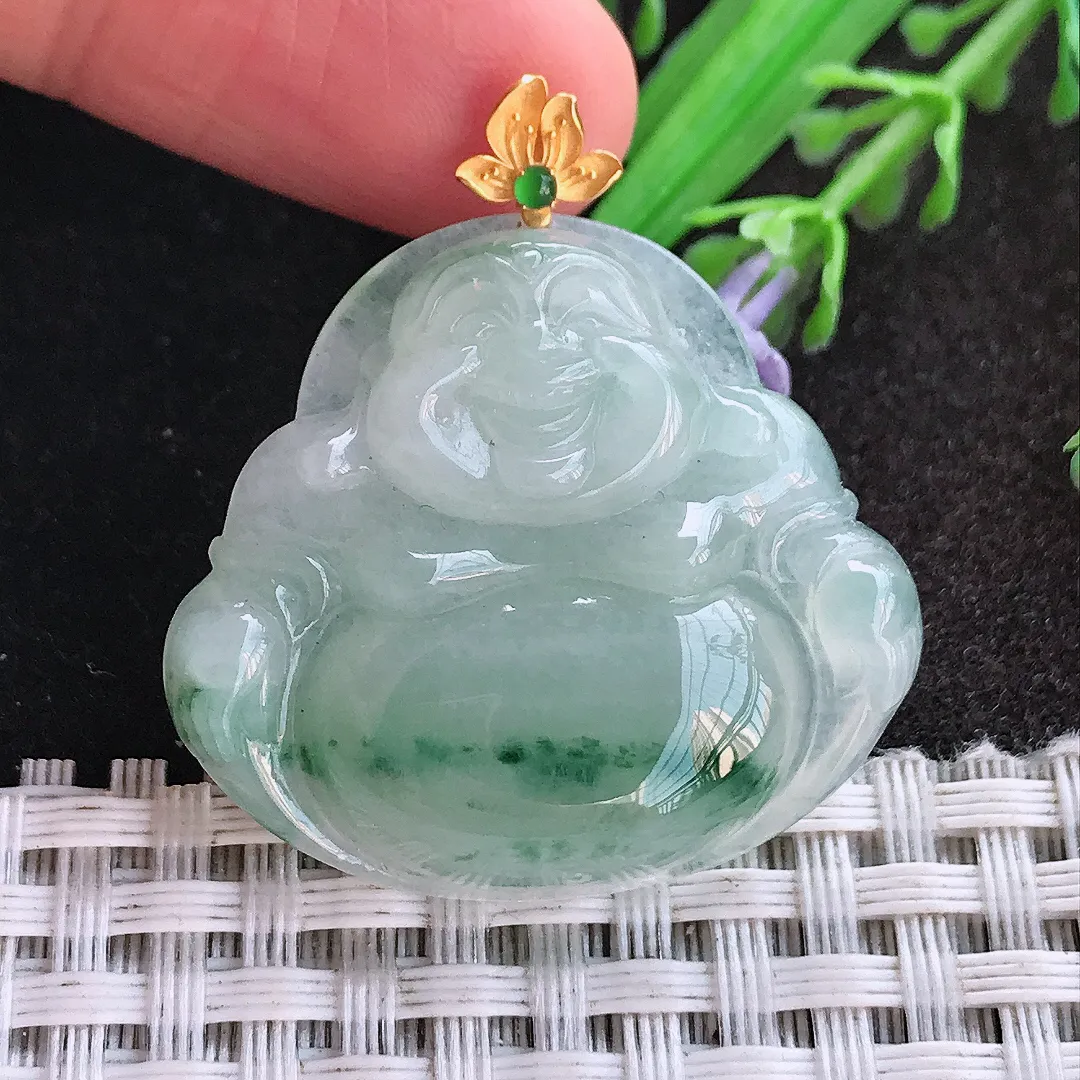 天然A货翡翠30.5/34/6.2老坑18k金镶嵌冰润飘花佛公吊坠翡翠挂件