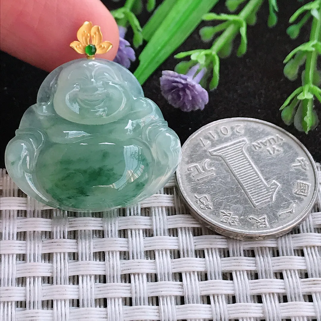 天然A货翡翠26.2/29.7/5.6老坑18k金镶嵌冰飘花佛公吊坠翡翠挂件