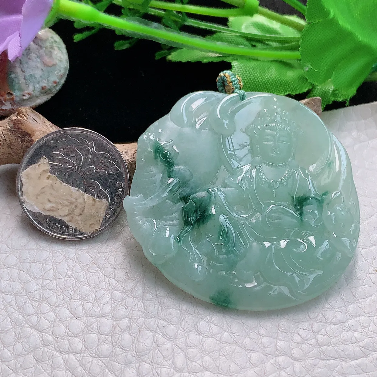 yn实拍52*5.3缅甸天然翡翠菩贤观音菩萨吊坠冰透飘花生肖守护神