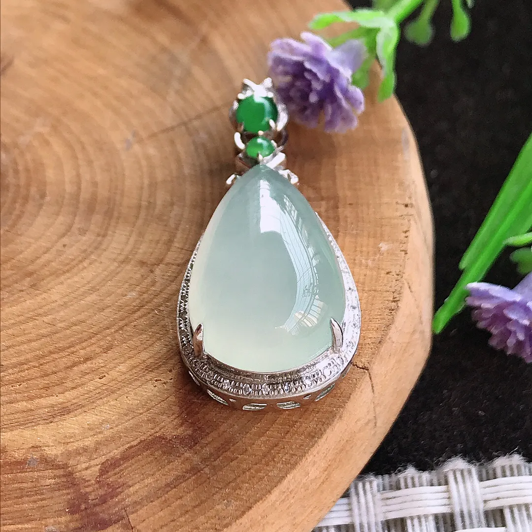 天然A货翡翠29.6/14.3/9.7老坑18k金镶嵌冰胶起光水滴吊坠翡翠挂件