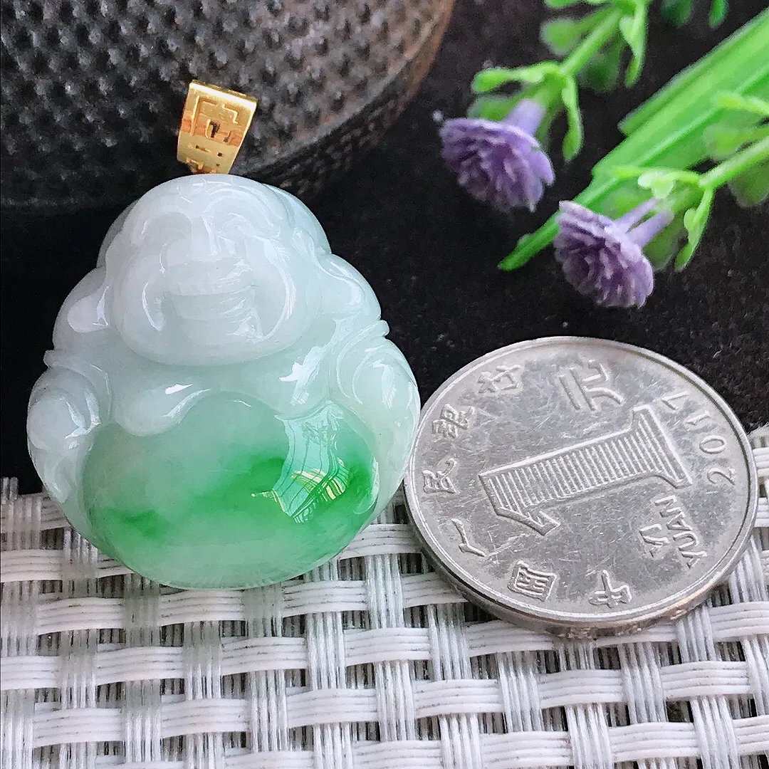 天然A货翡翠27.5/26.5/12老坑18k金镶嵌飘阳绿佛公吊坠翡翠玉佛