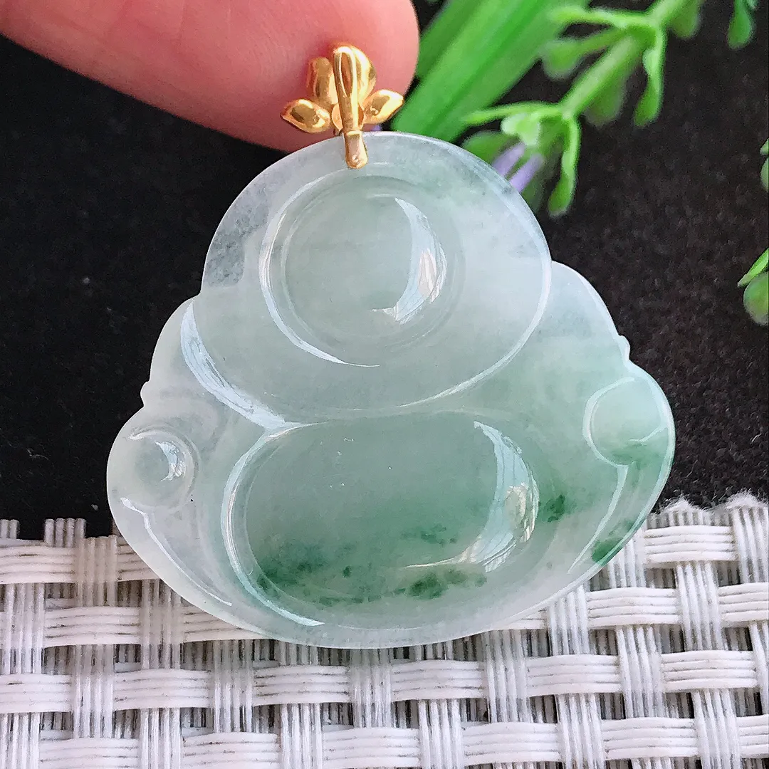 天然A货翡翠30.5/34/6.2老坑18k金镶嵌冰润飘花佛公吊坠翡翠挂件