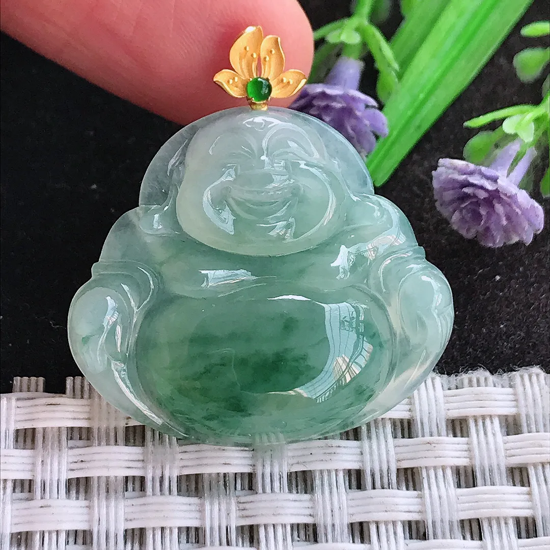 天然A货翡翠26.2/29.7/5.6老坑18k金镶嵌冰飘花佛公吊坠翡翠挂件