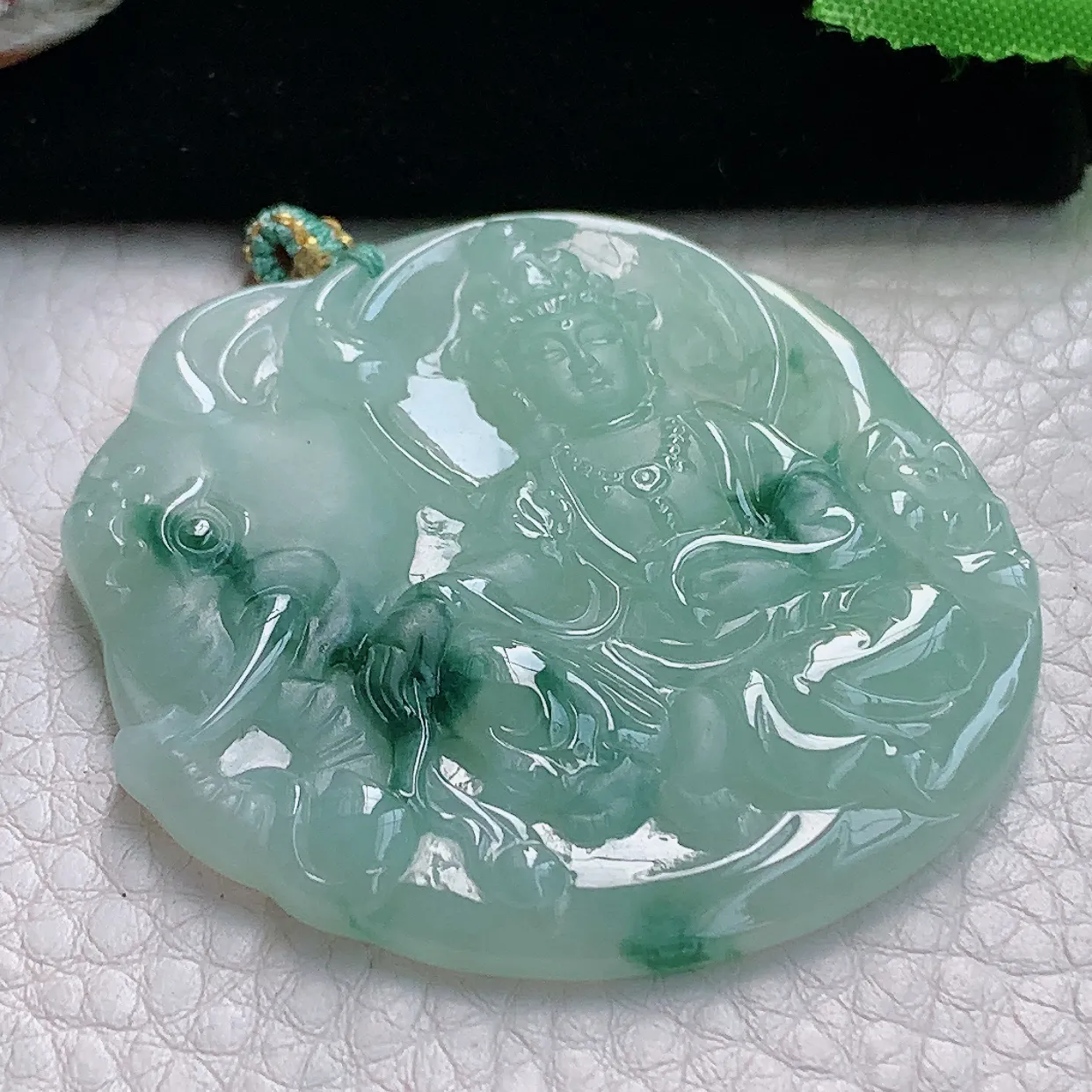 yn实拍54.2*5.8缅甸天然翡翠飘花普贤菩萨玉吊坠精雕守护神玉坠