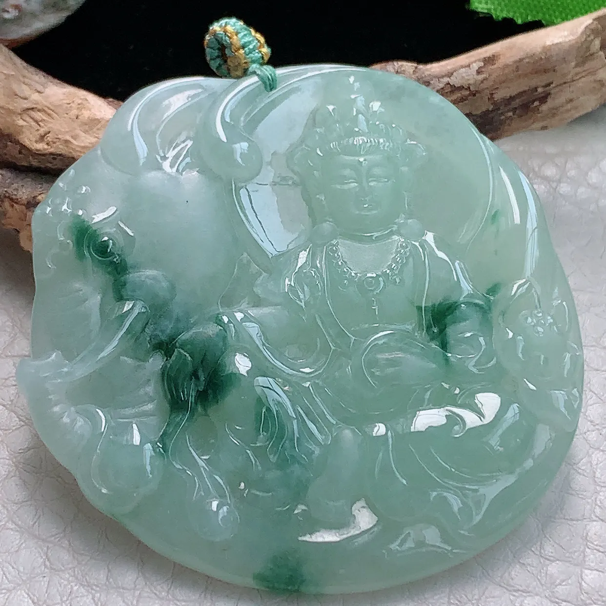 yn实拍54.2*5.8缅甸天然翡翠飘花普贤菩萨玉吊坠精雕守护神玉坠