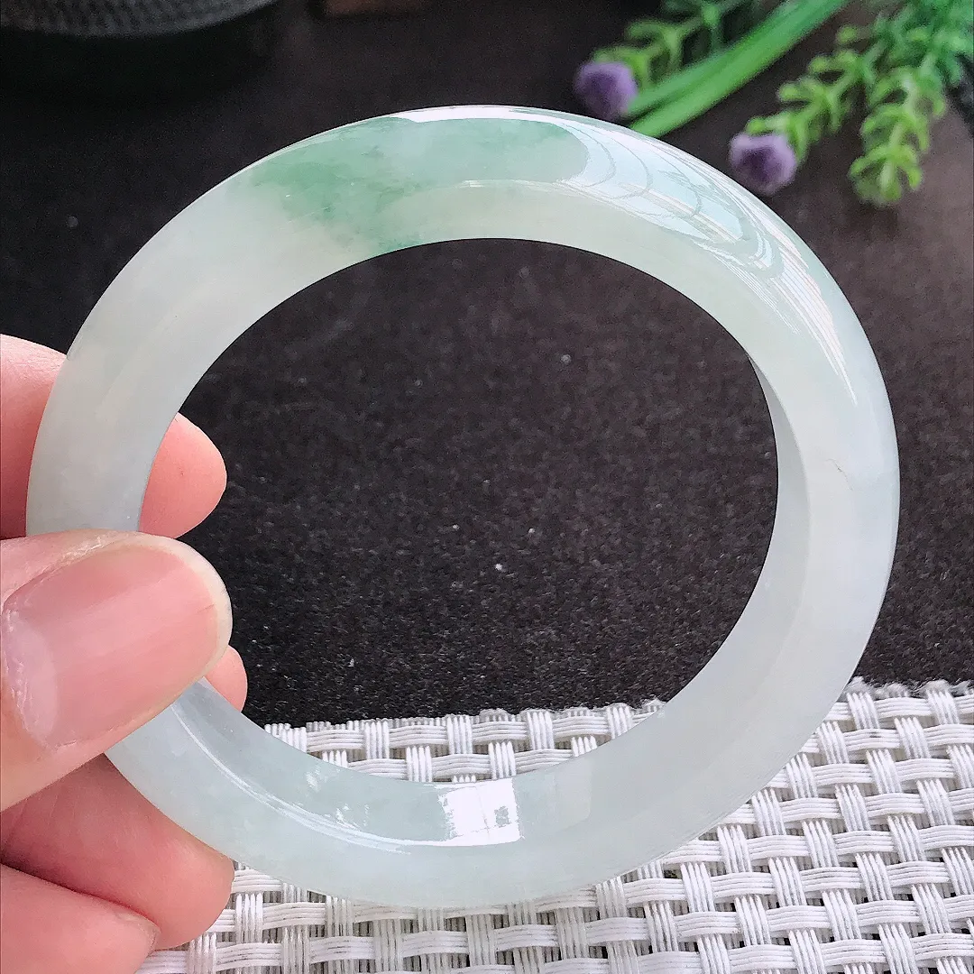 天然A货翡翠55/11.9/9老坑冰胶果冻冰飘花手镯宽边玉镯