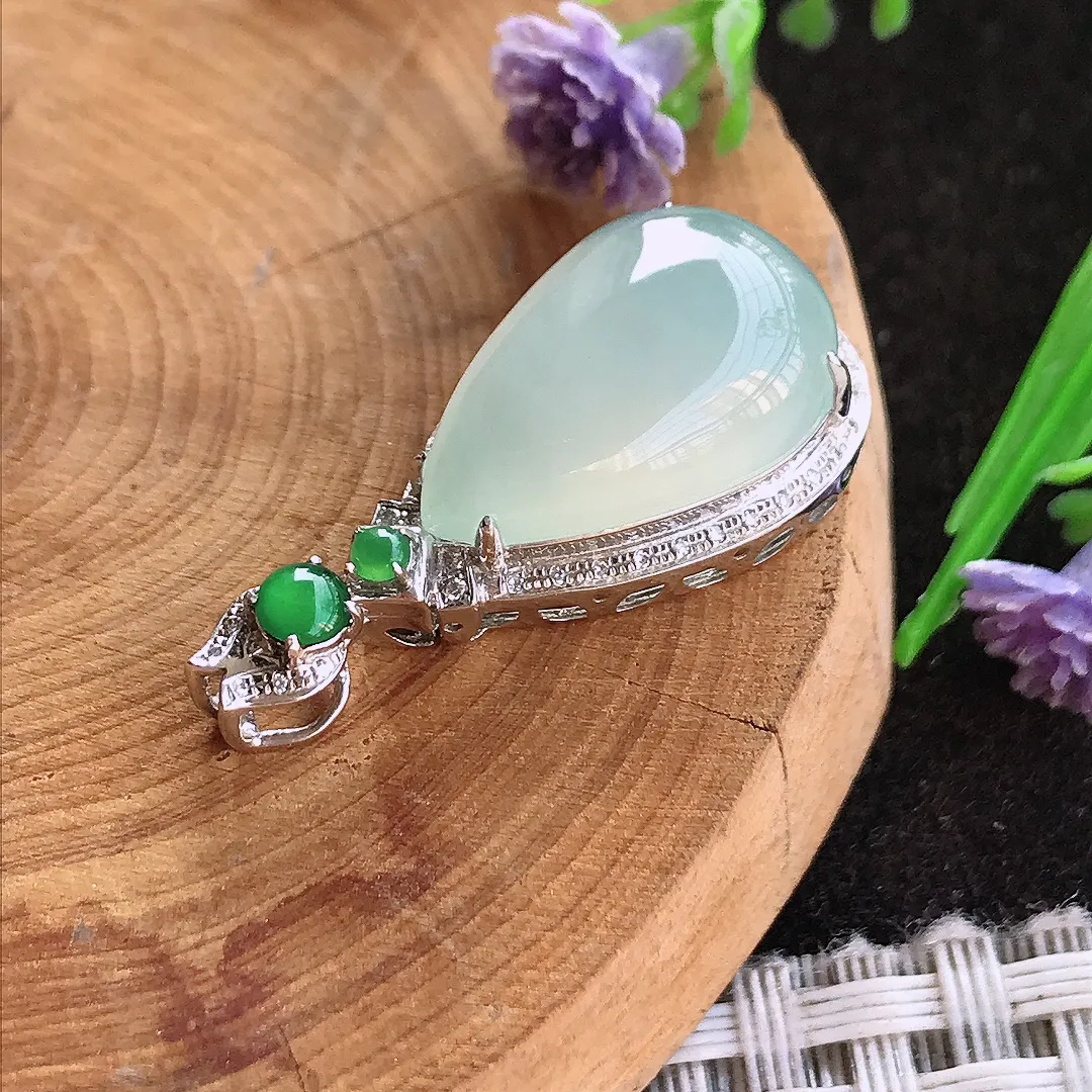 天然A货翡翠29.6/14.3/9.7老坑18k金镶嵌冰胶起光水滴吊坠翡翠挂件