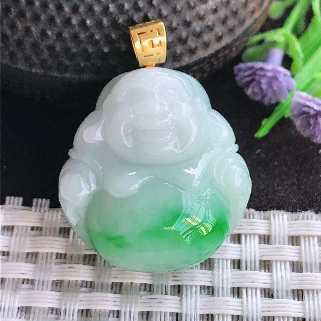 天然A货翡翠27.5/26.5/12老坑18k金镶嵌飘阳绿佛公吊坠翡翠玉佛