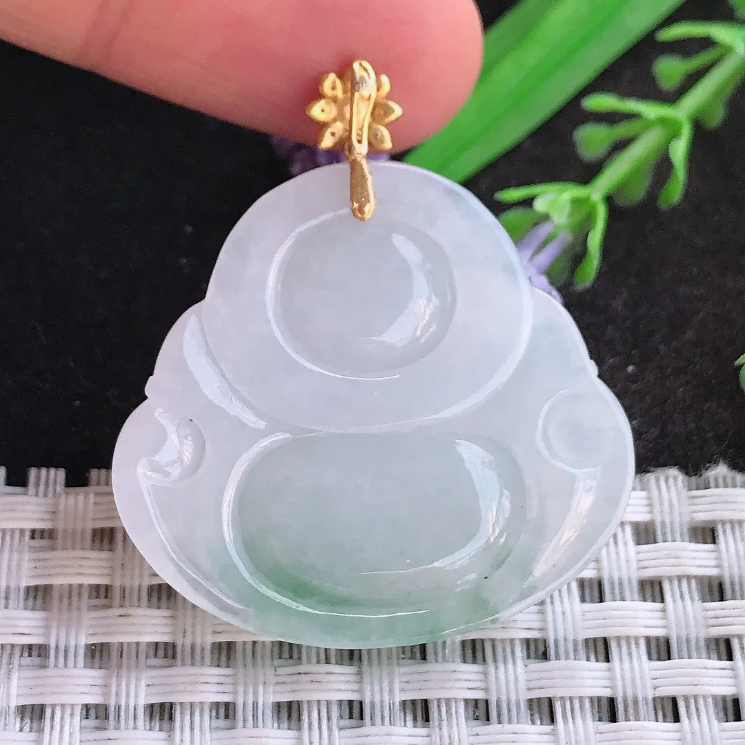 天然A货翡翠31.5/34/6.2老坑18k金镶嵌冰飘花佛公吊坠翡翠挂件