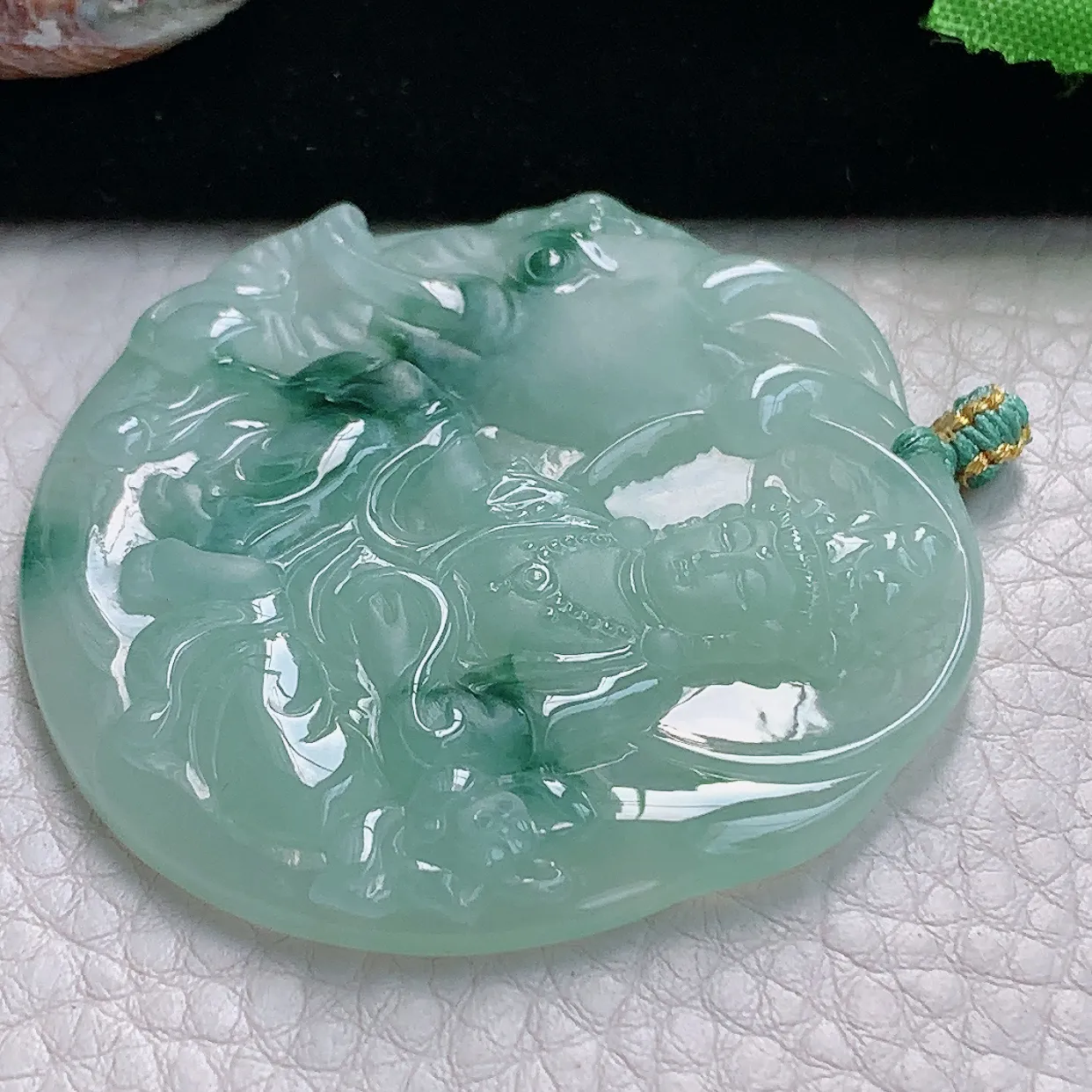 yn实拍54.2*5.8缅甸天然翡翠飘花普贤菩萨玉吊坠精雕守护神玉坠