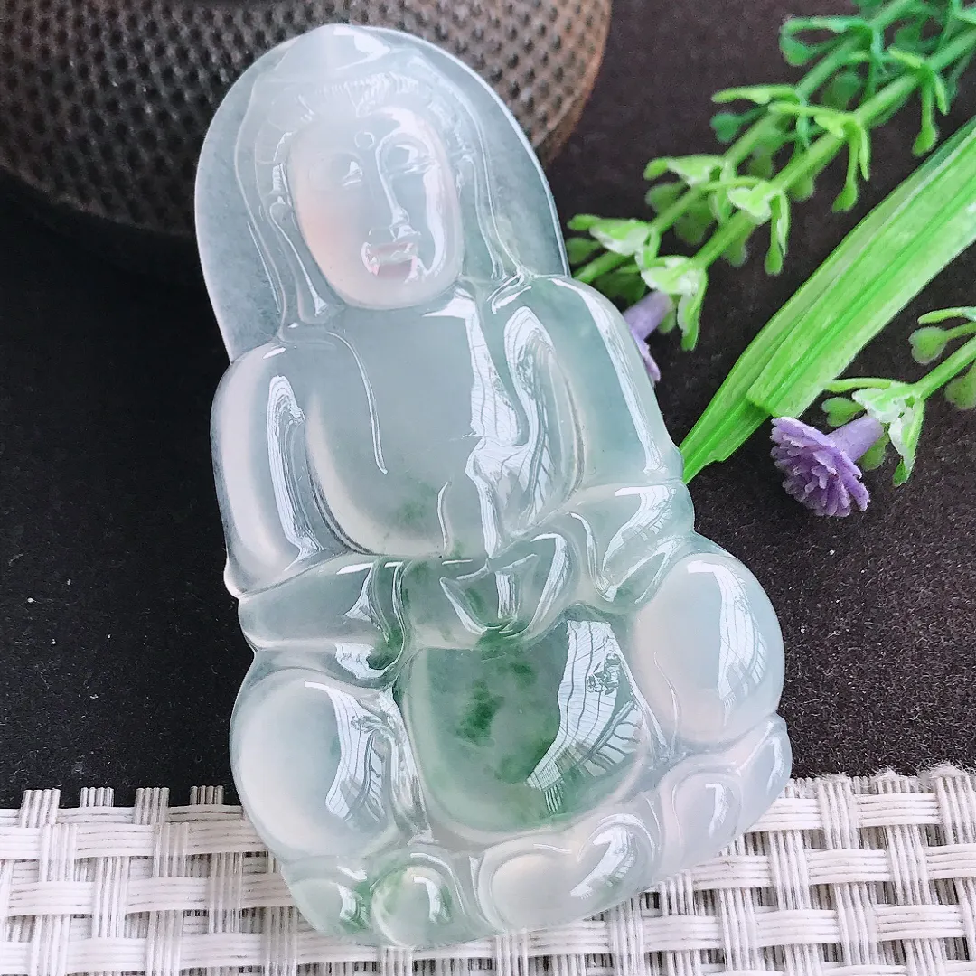 天然a货翡翠68.8/41.8/6老坑高冰透冰种飘花正装观音吊坠玉观音挂件