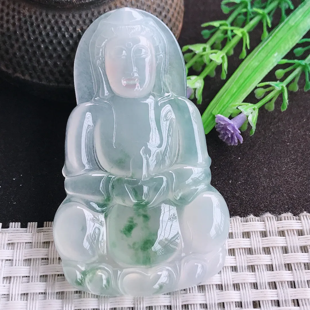 天然a货翡翠68.8/41.8/6老坑高冰透冰种飘花正装观音吊坠玉观音挂件
