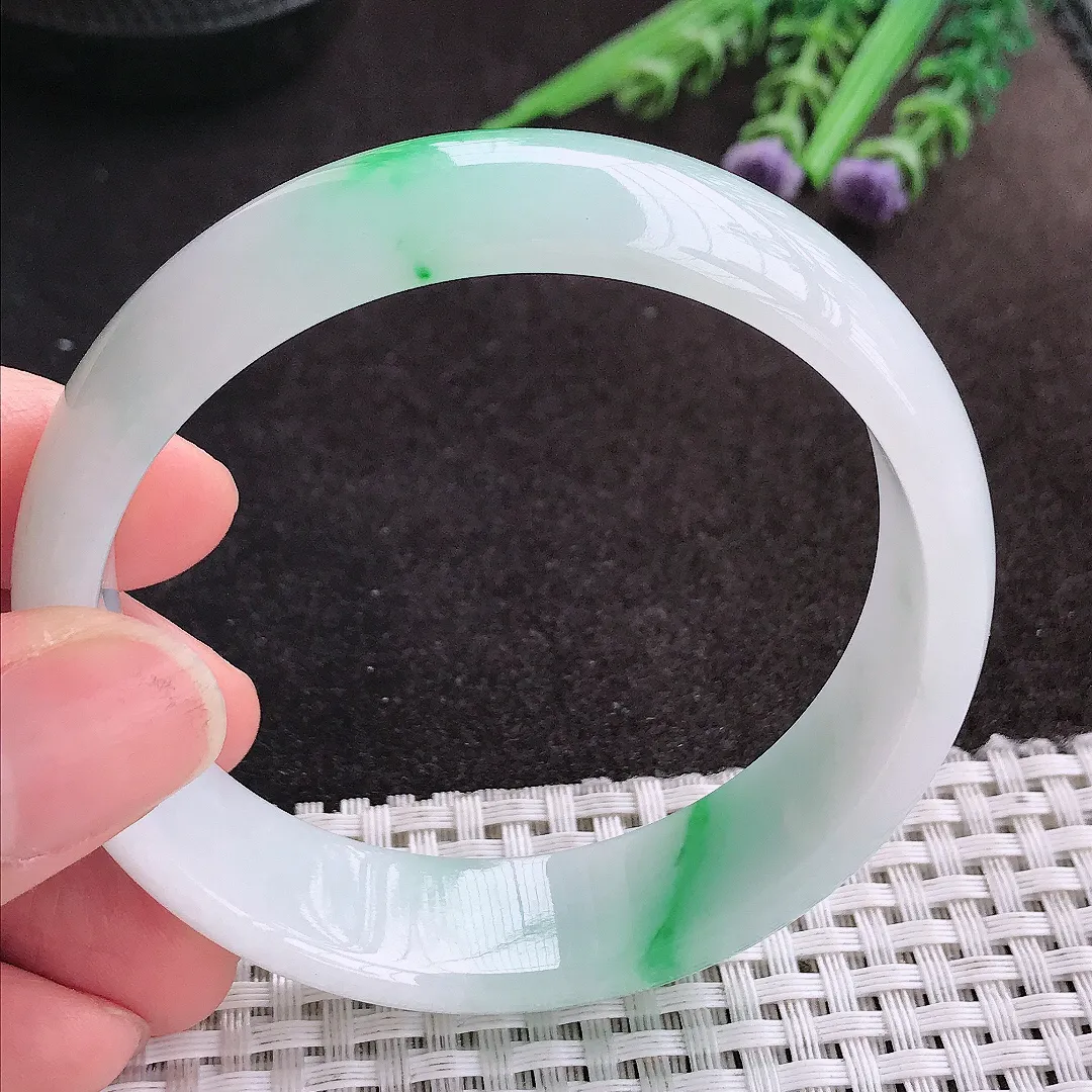 天然A货翡翠59/16.2/6.9老坑精美冰润飘阳绿轮胎手镯宽边玉镯