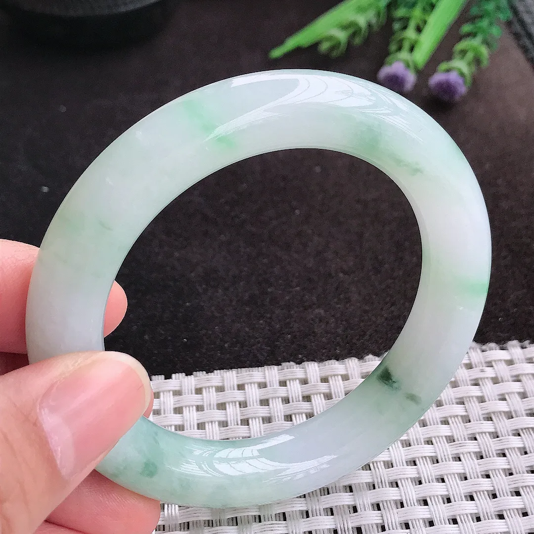 天然A货翡翠54/11.5/11老坑冰胶水灵飘花圆条手镯玉镯