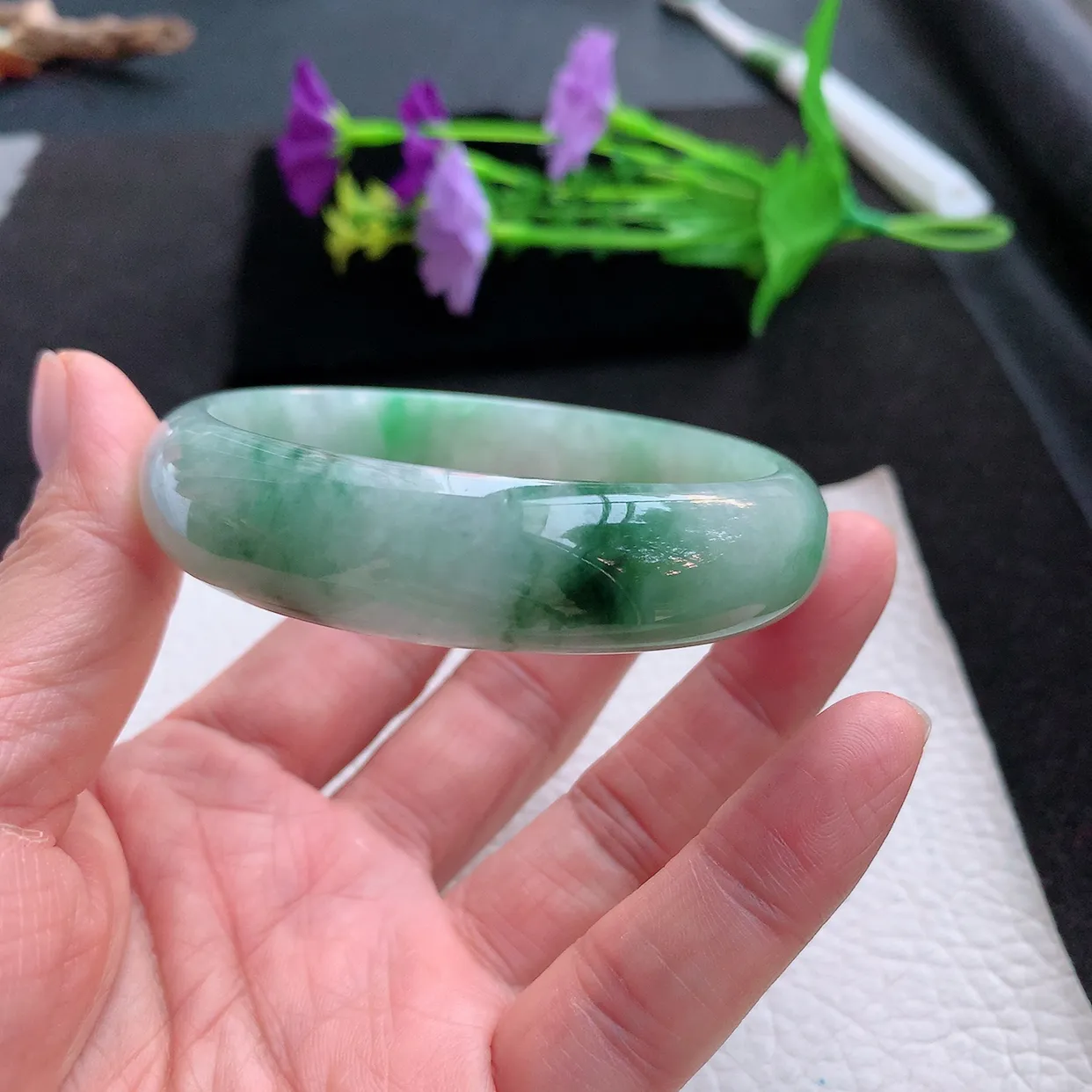 hh大圈口60*15*6.3轮胎镯 翡翠a货玉手镯飘花宽边珠宝玉手环