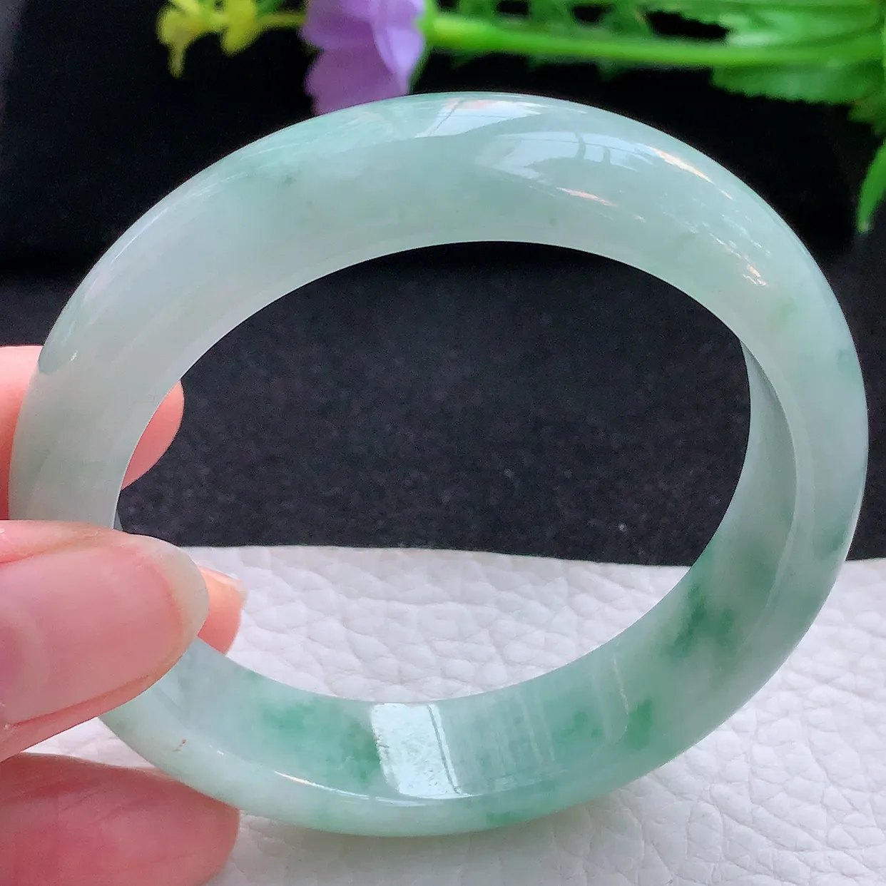 hy自然光58*14.5*8.5平安镯 翡翠a货玉手镯飘花宽边珠宝玉手环