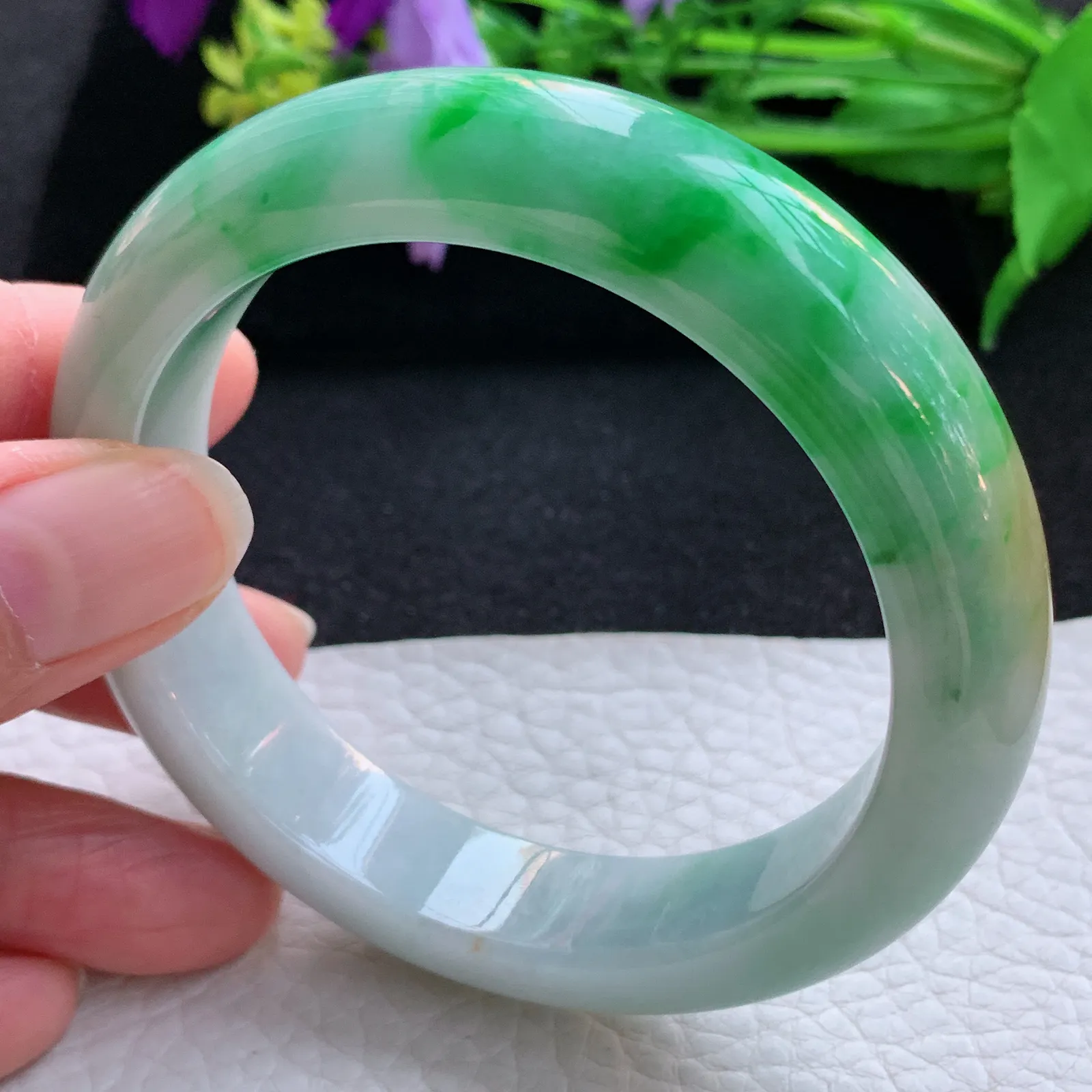 cc自然光57.5*13.8*9平安镯 翡翠a货玉手镯三彩厚装宽边珠宝玉手环