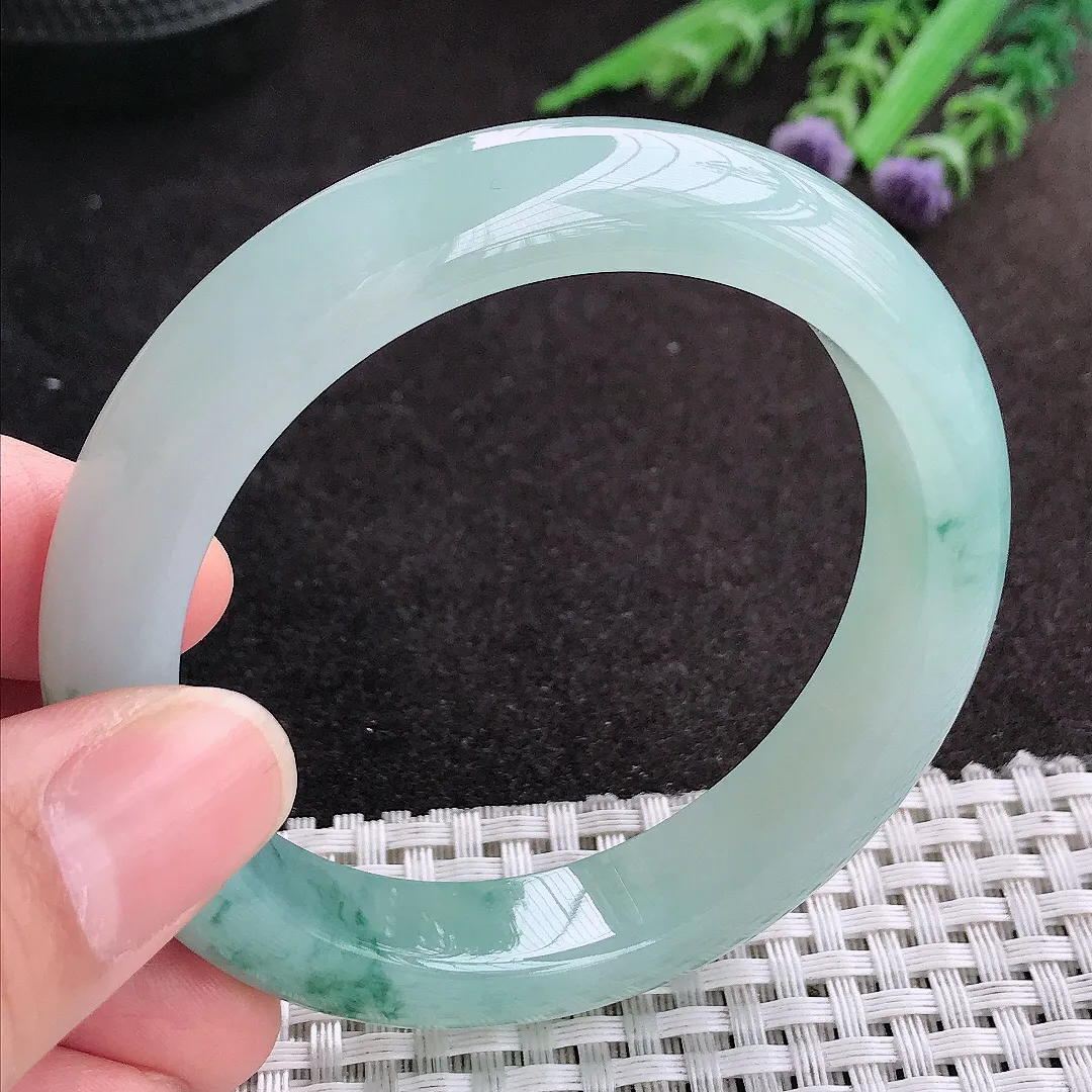 天然A货翡翠54.8/11.8/8.6老坑冰胶果冻飘花手镯宽边玉镯