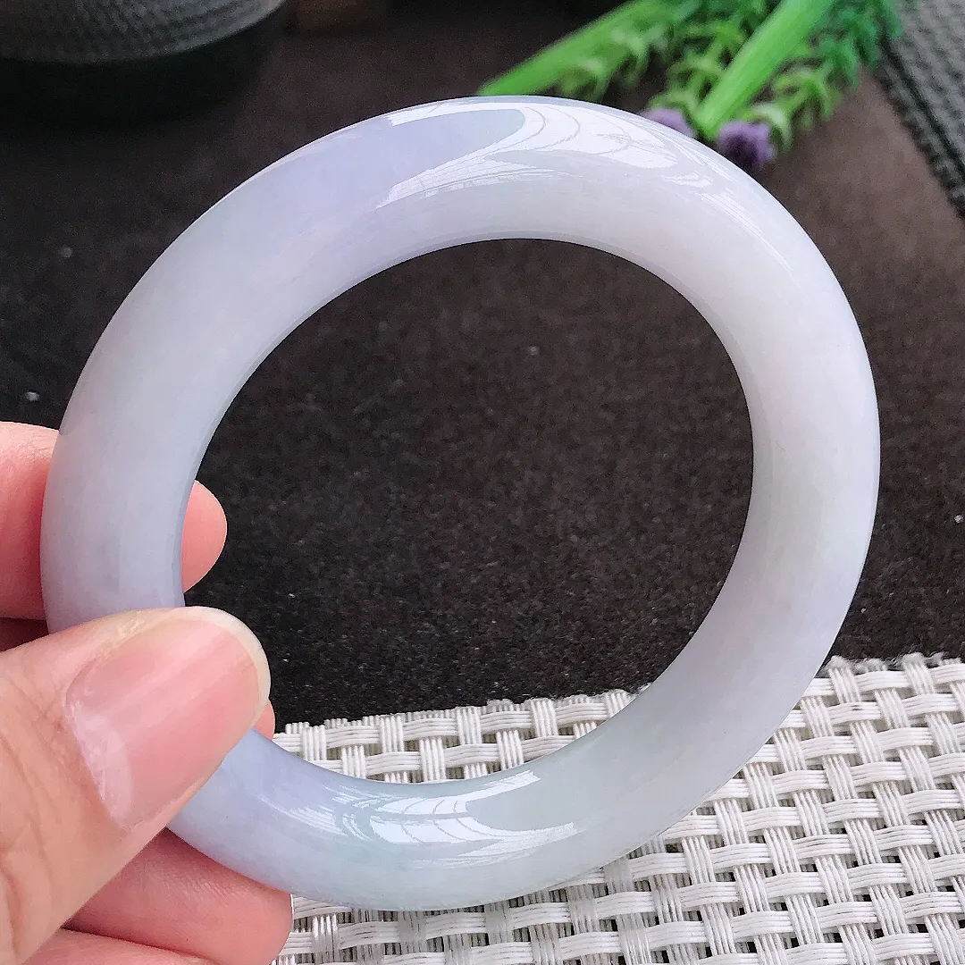 天然A货翡翠54.5/11.8/11.4老坑冰润起胶紫罗兰圆条手镯玉镯