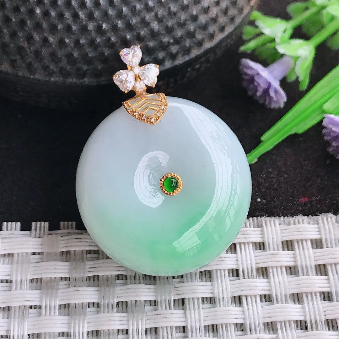 天然A货翡翠25.3/12.4老坑18k金镶嵌温润飘绿平安扣转运珠吊坠翡翠挂件