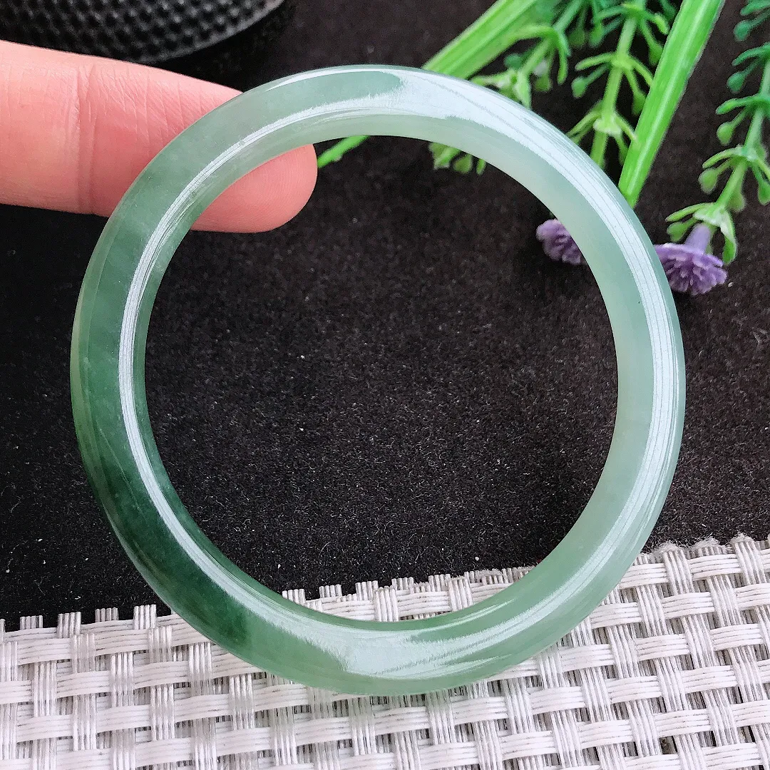 天然A货翡翠52.5/6.1/7.5老坑冰胶水灵飘花细条手镯圆条玉镯