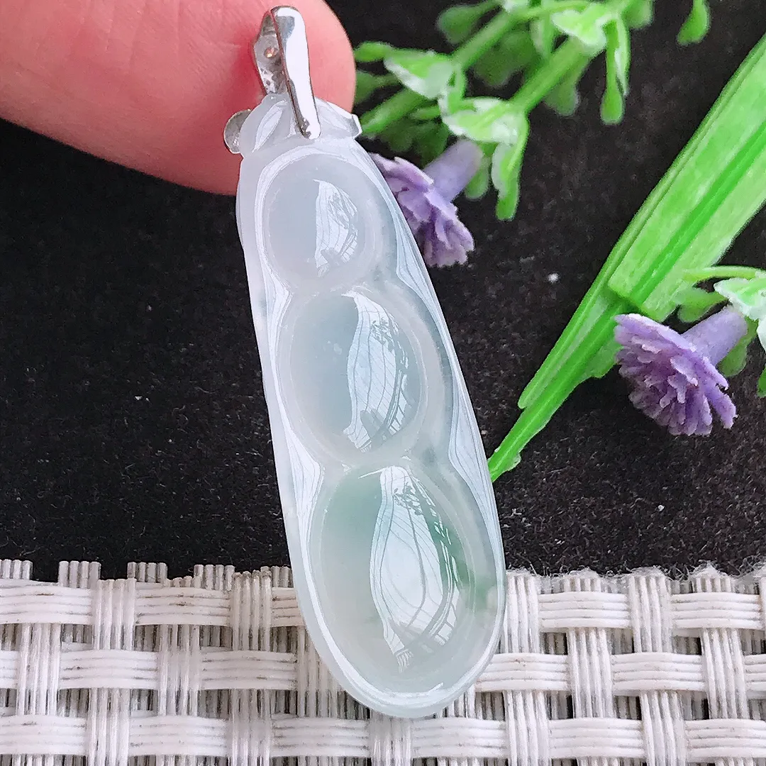 天然A货翡翠37.5/13.8/6.5老坑18k金镶嵌冰种飘花四季豆吊坠翡翠福豆挂件