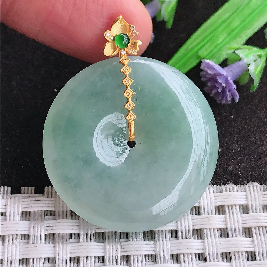 天然A货翡翠29.6/5.6老坑18k金镶嵌冰胶果冻冰晴平安扣吊坠翡翠挂件