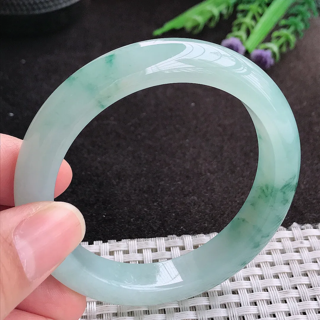 天然A货翡翠54.8/11.8/8.6老坑冰胶果冻飘花手镯宽边玉镯