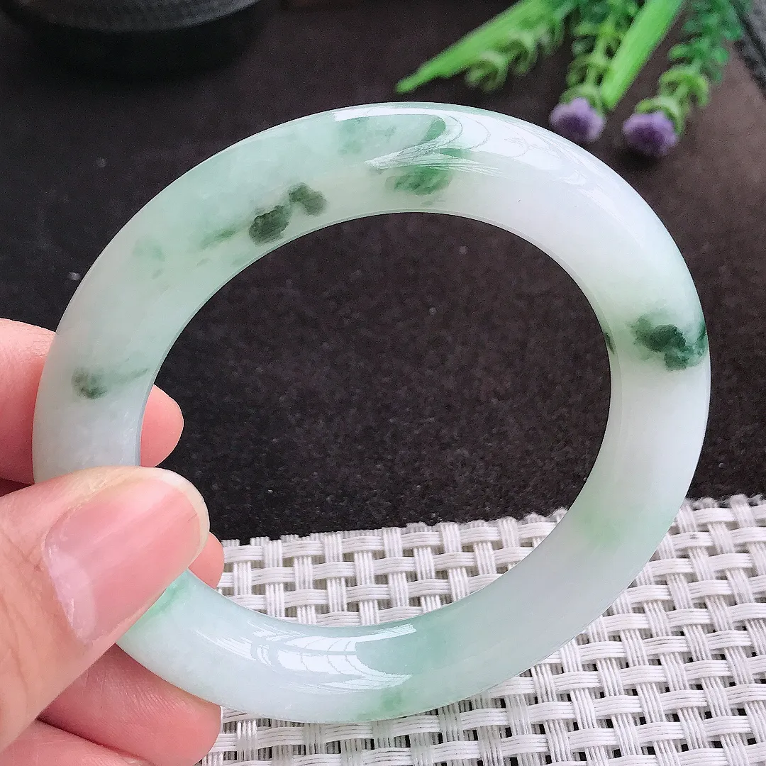 天然A货翡翠54/11.5/11老坑冰胶水灵飘花圆条手镯玉镯