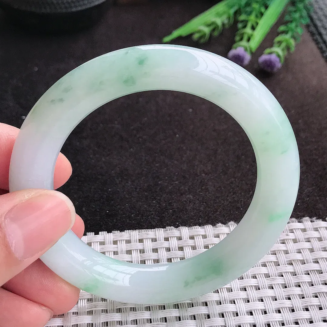 天然A货翡翠54/11.5/11老坑冰胶水灵飘花圆条手镯玉镯