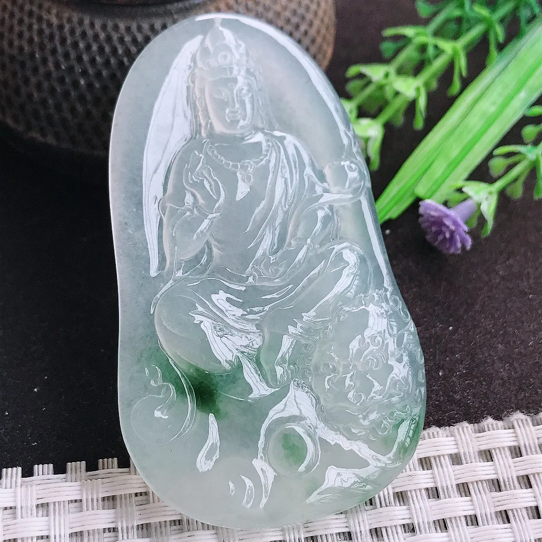 天然a货翡翠67.6/40.2/5.7老坑冰种起胶冰飘花文殊菩萨吊坠翡翠玉观音挂件