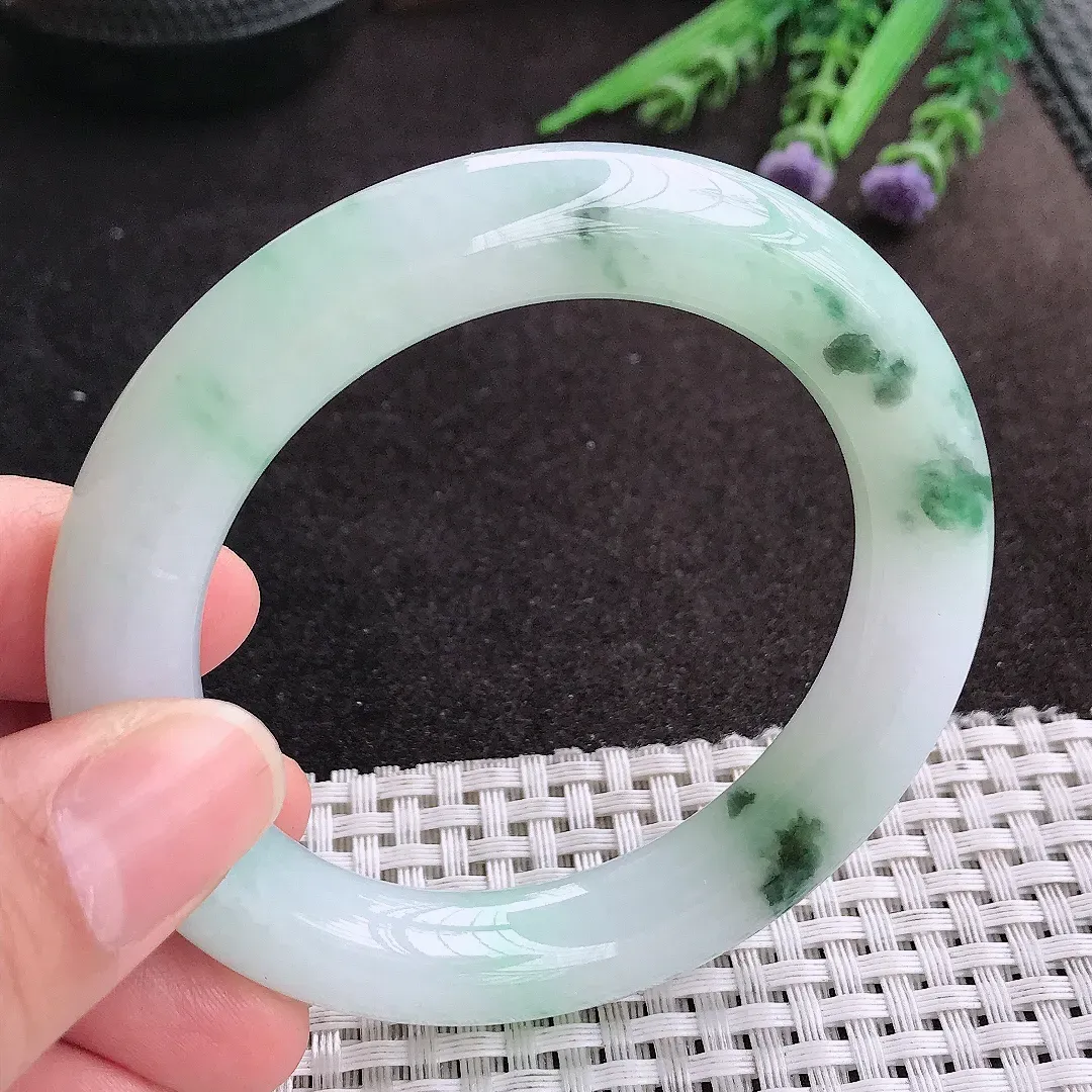 天然A货翡翠54/11.5/11老坑冰胶水灵飘花圆条手镯玉镯