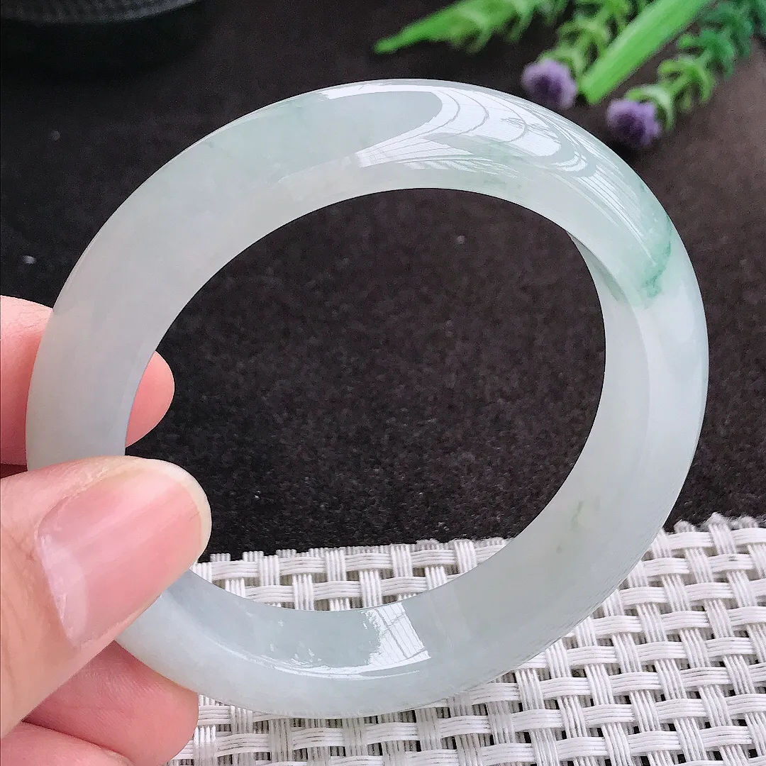 天然A货翡翠54/12.9/9老坑冰胶果冻冰飘花手镯宽边玉镯