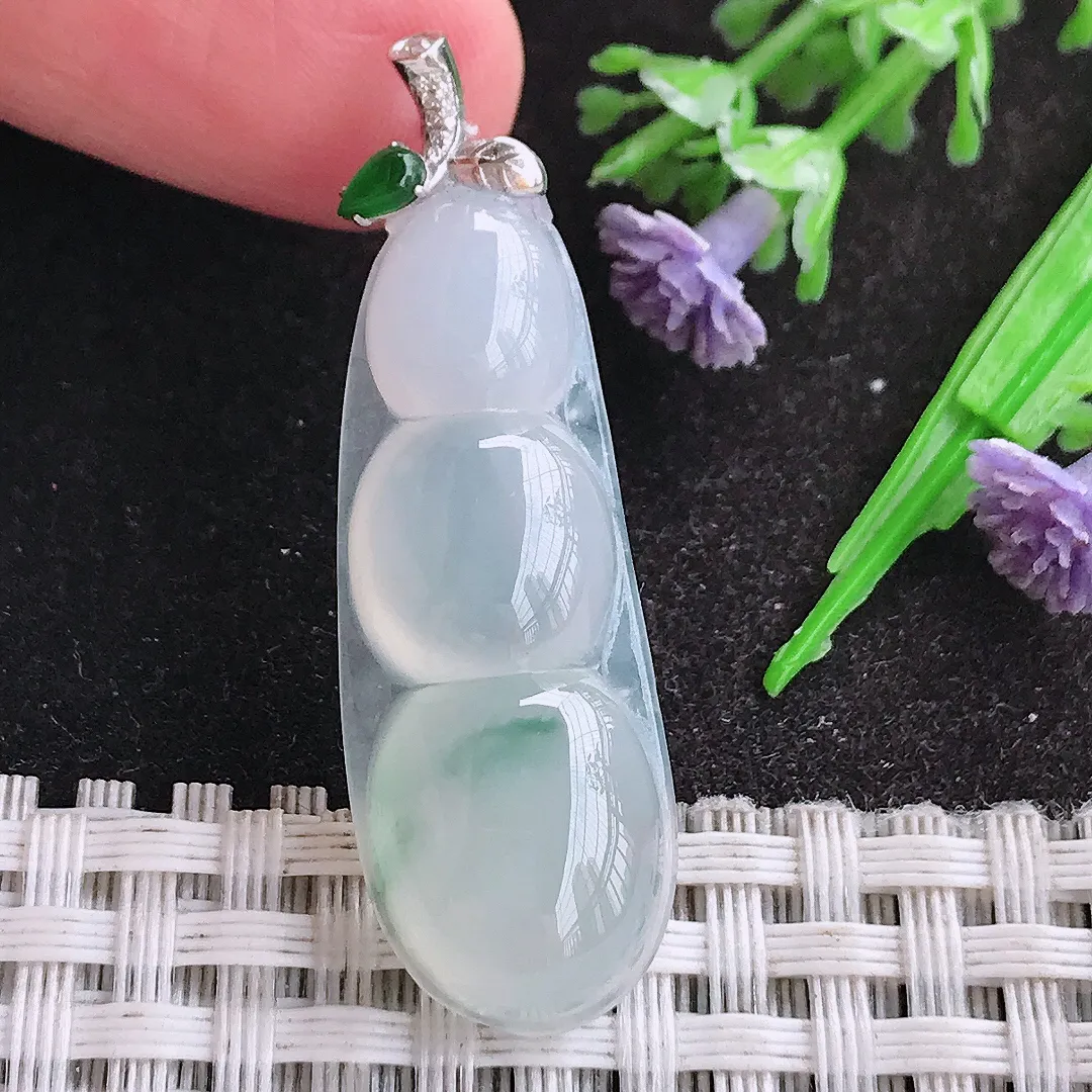 天然A货翡翠37.5/13.8/6.5老坑18k金镶嵌冰种飘花四季豆吊坠翡翠福豆挂件