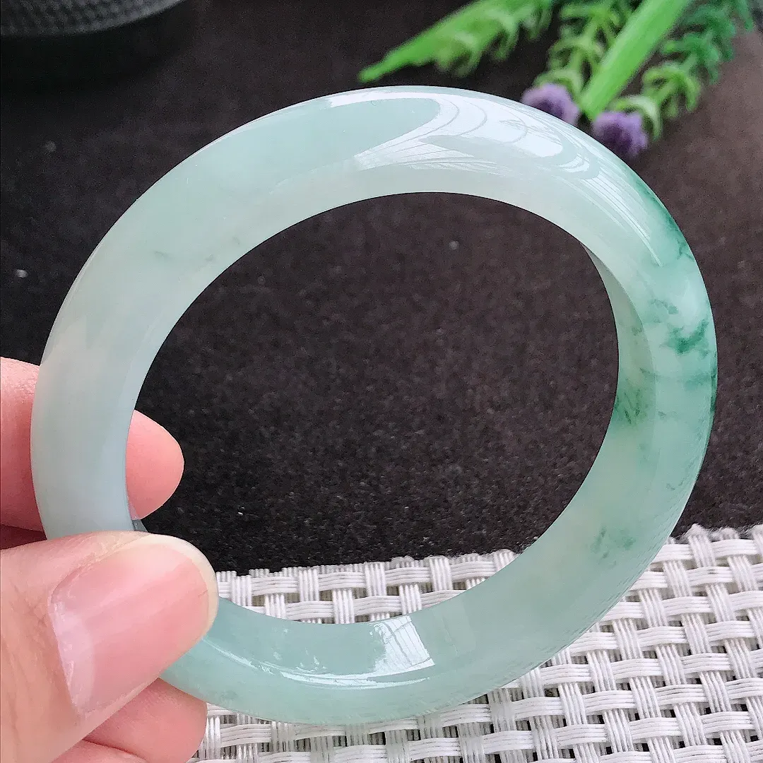 天然A货翡翠54.8/11.8/8.6老坑冰胶果冻飘花手镯宽边玉镯