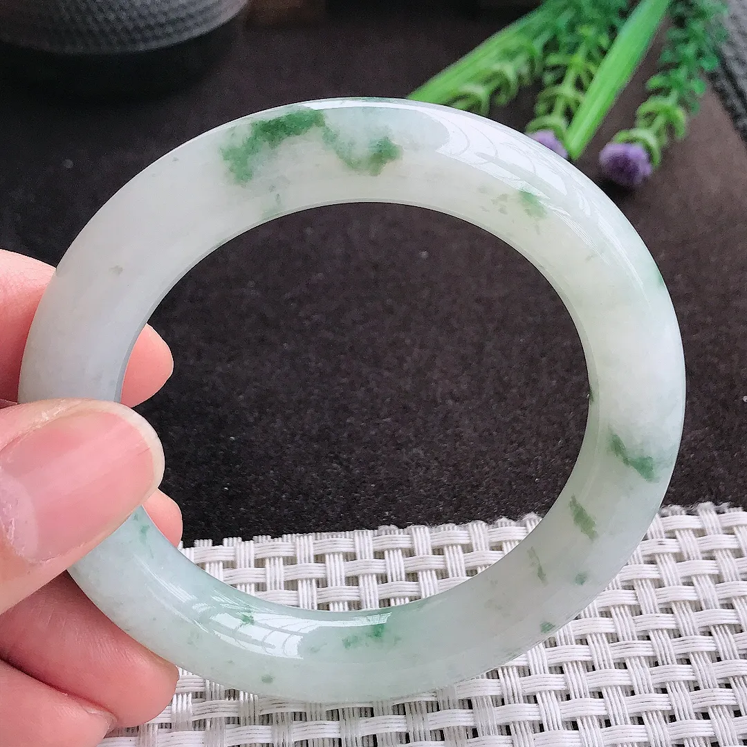 天然A货翡翠54/10.8/10.8老坑冰润起胶飘花圆条手镯玉镯
