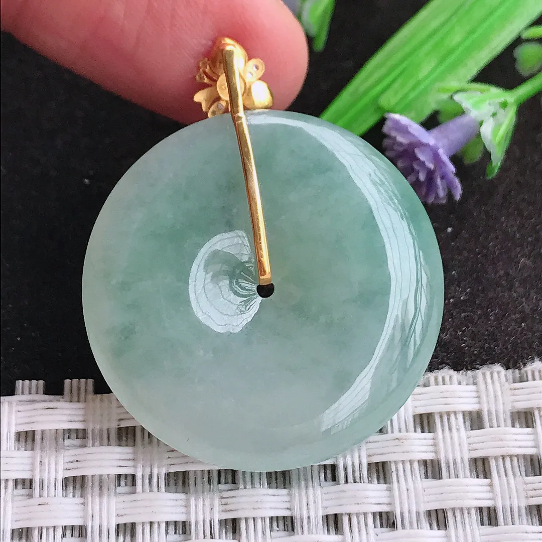 天然A货翡翠29.6/5.6老坑18k金镶嵌冰胶果冻冰晴平安扣吊坠翡翠挂件