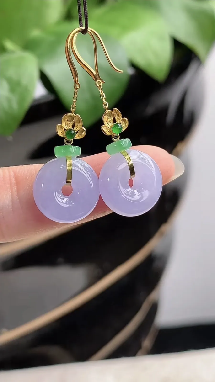 a货翡翠老坑种18K金镶嵌紫罗兰平安扣耳坠 尺寸11.5×4.8mm 重量3.35g 1207