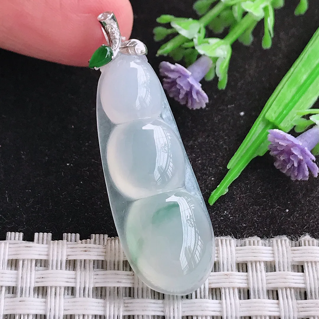 天然A货翡翠37.5/13.8/6.5老坑18k金镶嵌冰种飘花四季豆吊坠翡翠福豆挂件