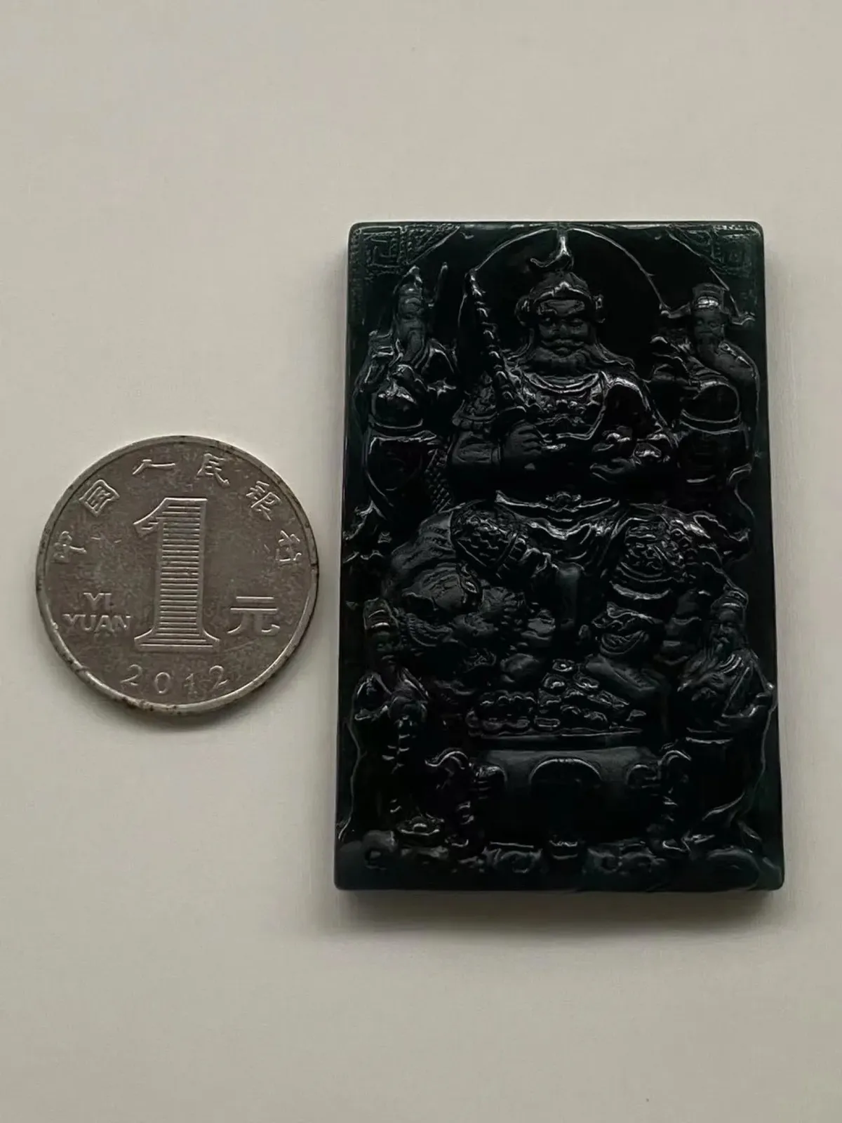 墨翠【赵公明—五路财神】细腻干净，黑度好，性价比高，雕工精湛，打灯透绿.